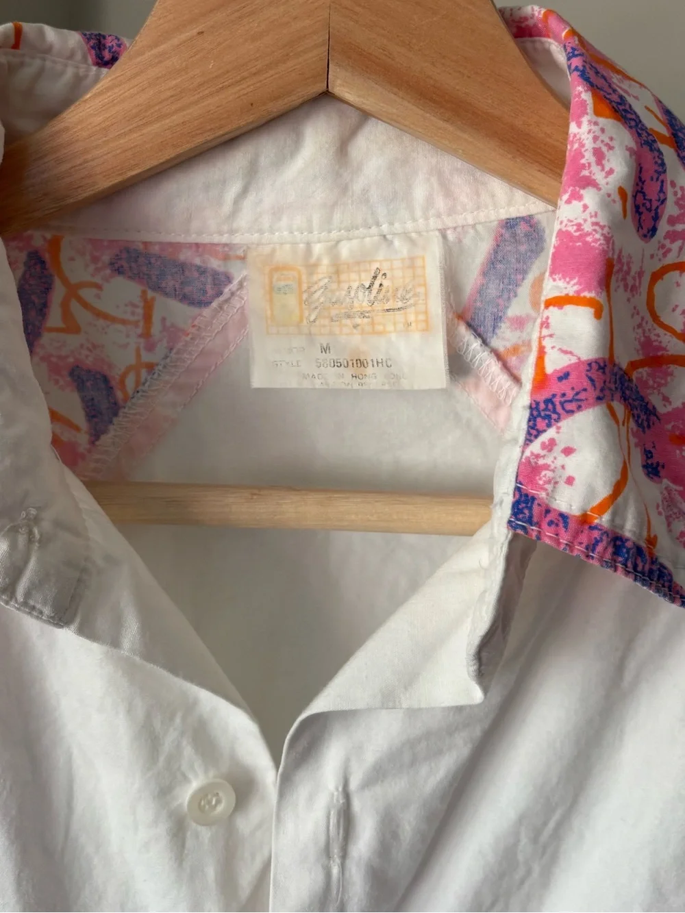 Vintage 80’s 90’s white button-down w/ pink, purple & orange accents Sz Medium